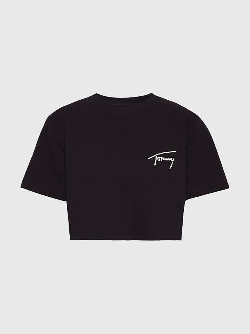 Tommy Hilfiger Cropped Signature Logo Póló Női Fekete | TH947CFI