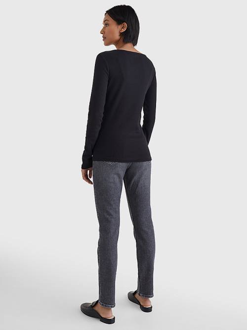 Tommy Hilfiger Csónak Neck Long Sleeve Skinny Póló Női Fekete | TH206KPH