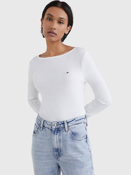 Tommy Hilfiger Csónak Neck Long Sleeve Skinny Póló Női Fehér | TH386ZIO