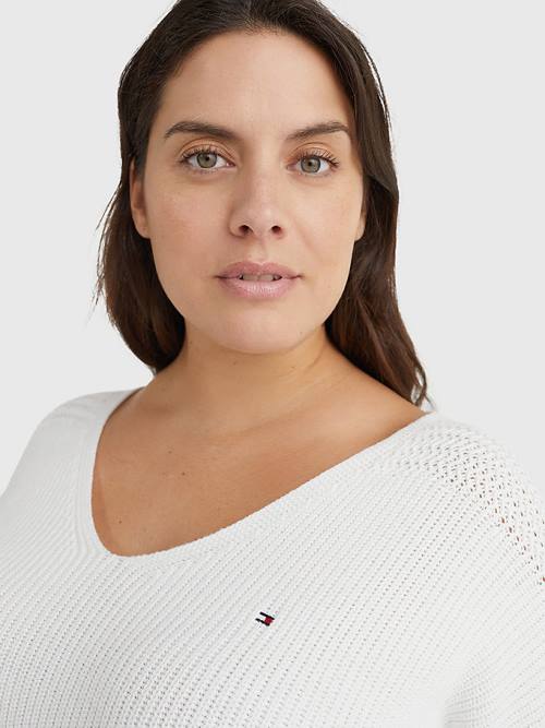 Tommy Hilfiger Curve Contrast Knit Relaxed Fit V-Neck Jumper Pulóverek Női Fehér | TH753AQN