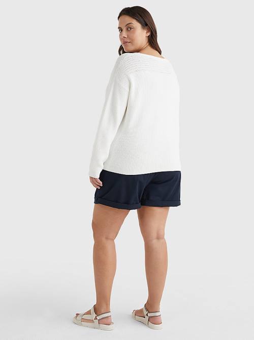 Tommy Hilfiger Curve Contrast Knit Relaxed Fit V-Neck Jumper Pulóverek Női Fehér | TH753AQN