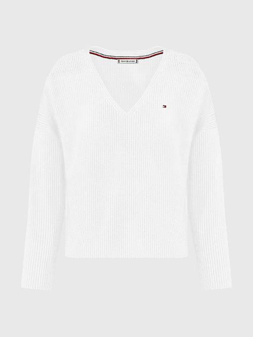 Tommy Hilfiger Curve Contrast Knit Relaxed Fit V-Neck Jumper Pulóverek Női Fehér | TH753AQN