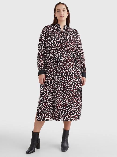 Tommy Hilfiger Curve Feather Print Relaxed Fit Midi Ruha Női Fekete | TH750WTG