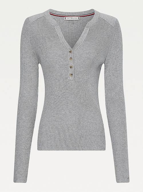 Tommy Hilfiger Curve Henley Ribbed Wool Blend Jumper Pulóverek Női Szürke | TH370JBL