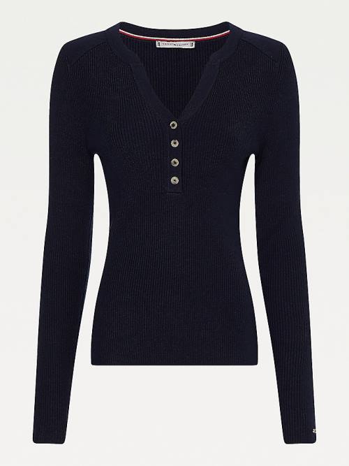 Tommy Hilfiger Curve Henley Ribbed Wool Blend Jumper Pulóverek Női Kék | TH819SQD