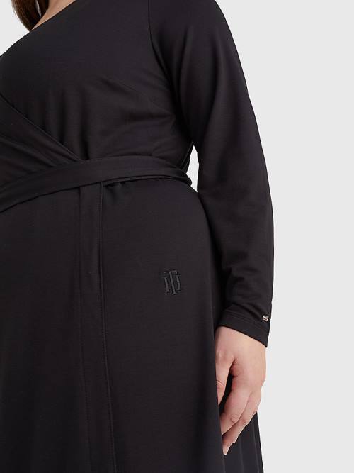 Tommy Hilfiger Curve Long Sleeve V-Neck Midi Wrap Ruha Női Fekete | TH049BST