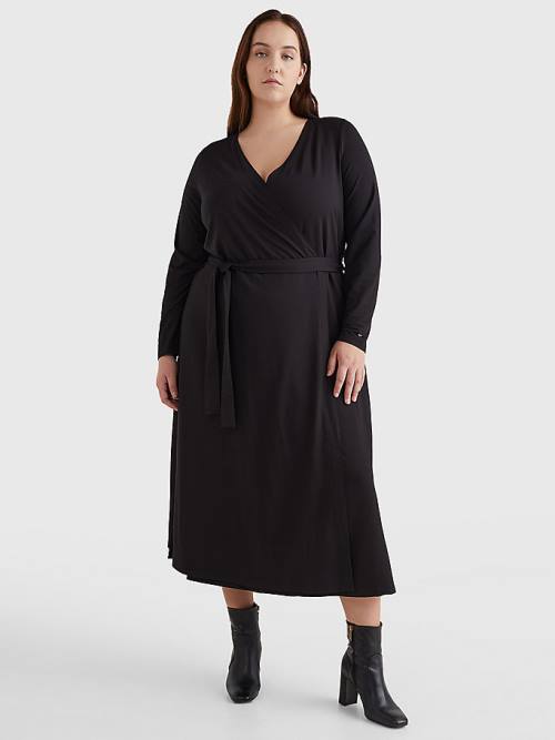 Tommy Hilfiger Curve Long Sleeve V-Neck Midi Wrap Ruha Női Fekete | TH049BST