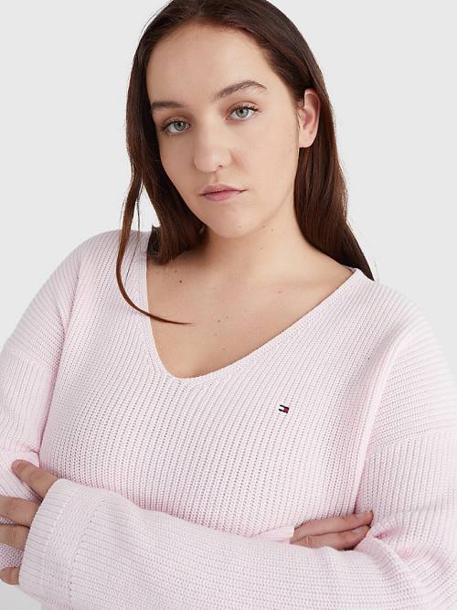 Tommy Hilfiger Curve Rib-Knit Organic Pamut Relaxed Fit Jumper Pulóverek Női Rózsaszín | TH528MQK