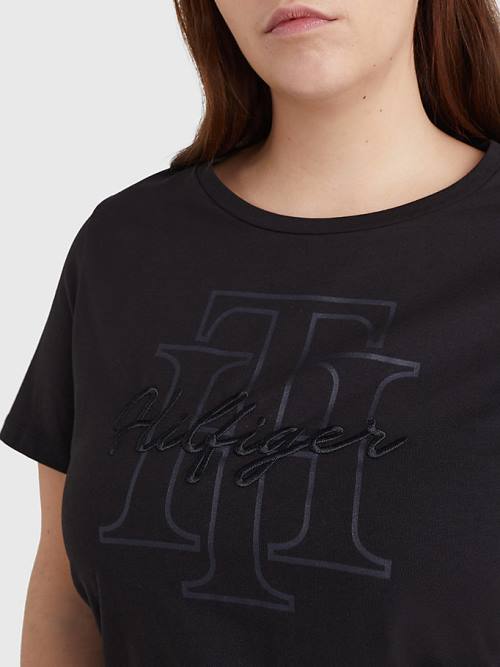 Tommy Hilfiger Curve Tonal Script Logo Organic Pamut Póló Női Fekete | TH419EUX