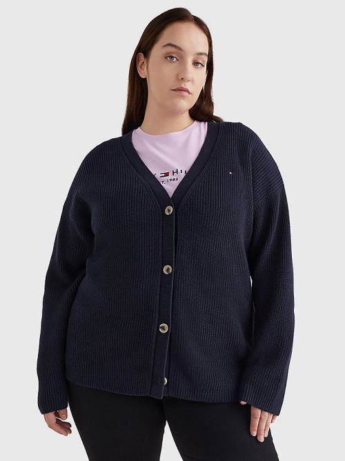 Tommy Hilfiger Curve V-Neck Relaxed Fit Rib Knit Cardigan Pulóverek Női Kék | TH285DWG