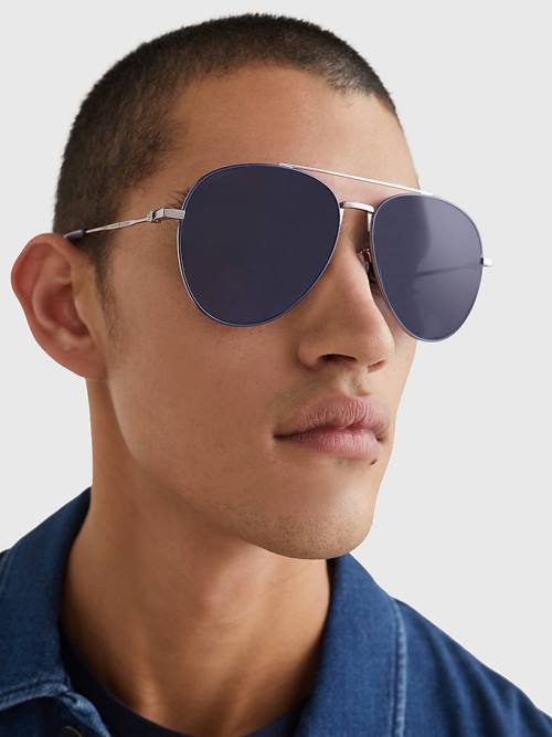 Tommy Hilfiger Double Bridge Aviator Napszemüveg Férfi Kék | TH574LXC