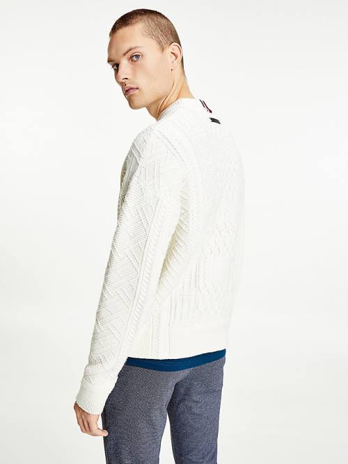 Tommy Hilfiger Elevated Oversized Signature Aran Jumper Pulóverek Férfi Fehér | TH953PZL