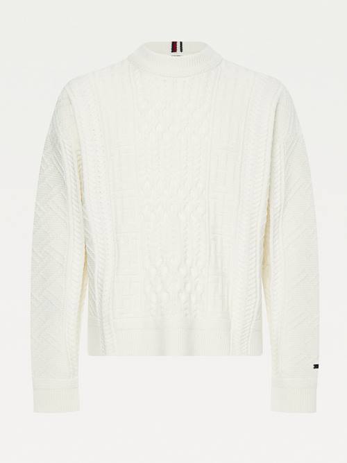 Tommy Hilfiger Elevated Oversized Signature Aran Jumper Pulóverek Férfi Fehér | TH953PZL