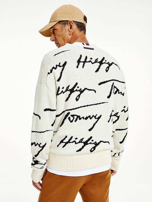 Tommy Hilfiger Elevated Signature Logo Jumper Pulóverek Férfi Fehér | TH385JEX