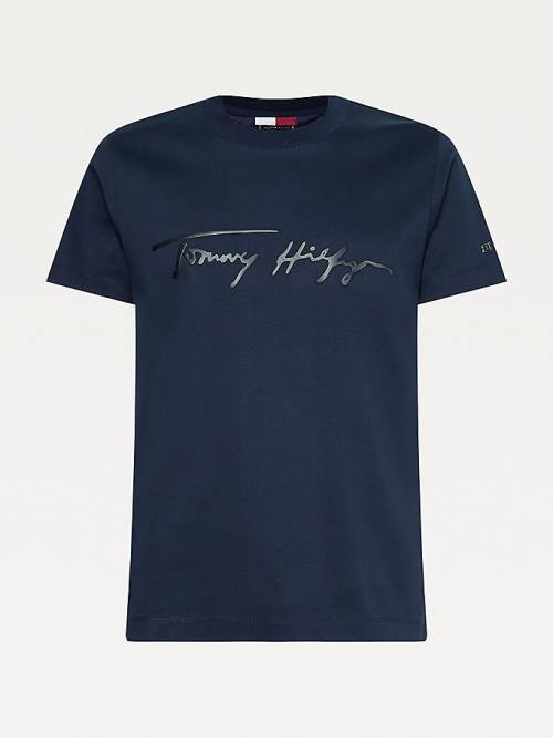 Tommy Hilfiger Elevated Signature Organic Pamut Póló Férfi Kék | TH213QXP