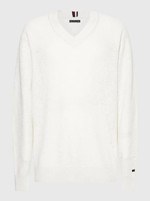 Tommy Hilfiger Elevated Textured V-Neck Jumper Pulóverek Férfi Fehér | TH436KAU