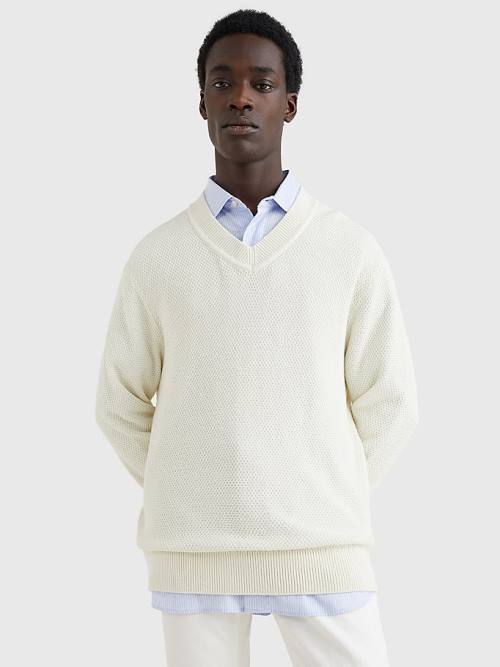 Tommy Hilfiger Elevated Textured V-Neck Jumper Pulóverek Férfi Fehér | TH436KAU