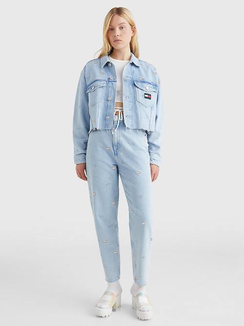 Tommy Hilfiger Embroidery Oversized Cropped Denim Trucker Kabát Női Denim | TH218GUX