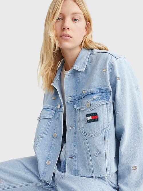 Tommy Hilfiger Embroidery Oversized Cropped Denim Trucker Kabát Női Denim | TH218GUX