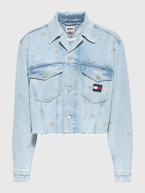 Tommy Hilfiger Embroidery Oversized Cropped Denim Trucker Kabát Női Denim | TH218GUX