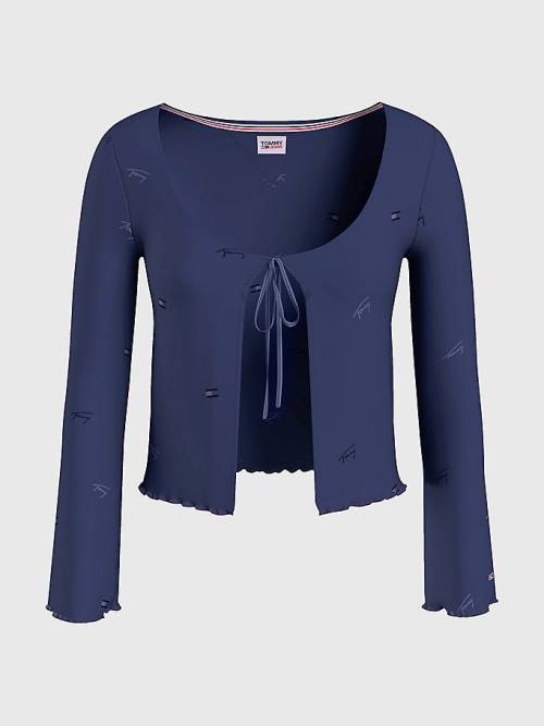 Tommy Hilfiger Embroidery Tie-Open Cardigan Póló Női Kék | TH425SWP