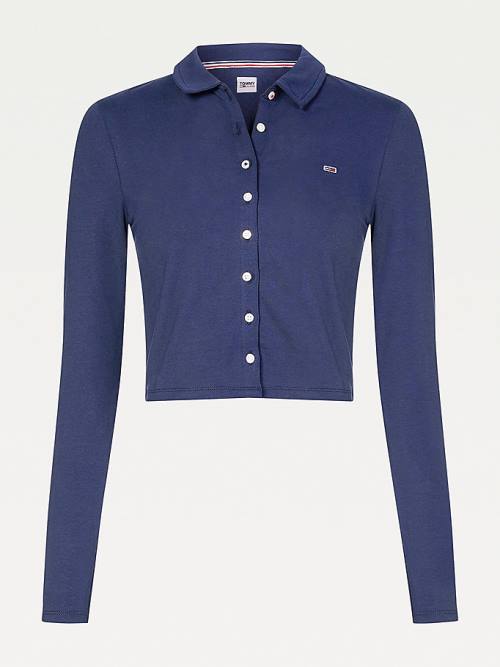 Tommy Hilfiger Essential Button-Through Long Sleeve Póló Női Kék | TH536CAJ