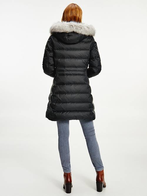 Tommy Hilfiger Essential Down-Filled Faux Fur Trim Coat Kabát Női Fekete | TH206CVN