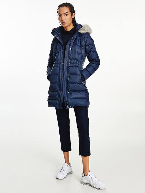 Tommy Hilfiger Essential Down-Filled Faux Fur Trim Coat Kabát Női Kék | TH387DQE