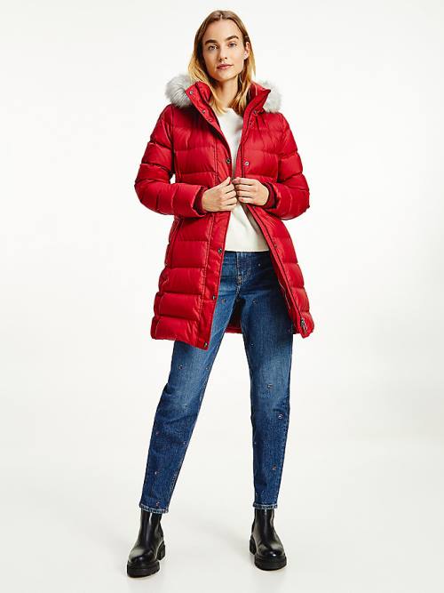 Tommy Hilfiger Essential Down-Filled Faux Fur Trim Coat Kabát Női Piros | TH539PUD