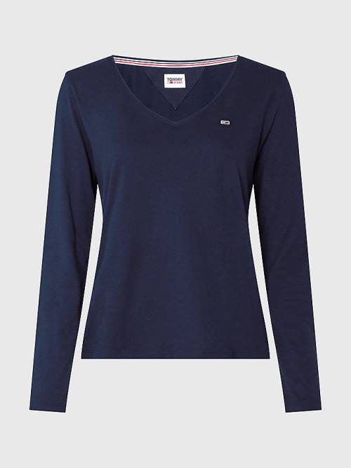 Tommy Hilfiger Essential V-Neck Long Sleeve Póló Női Kék | TH048LJU