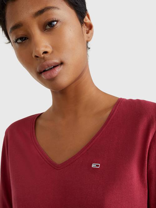 Tommy Hilfiger Essential V-Neck Long Sleeve Póló Női Piros | TH085GFC