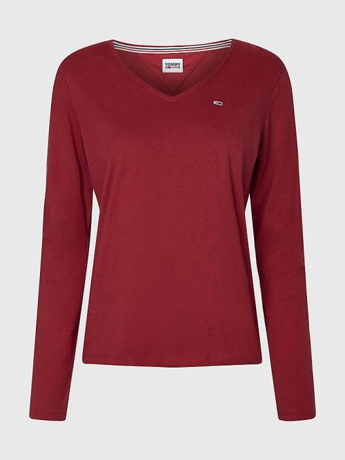 Tommy Hilfiger Essential V-Neck Long Sleeve Póló Női Piros | TH085GFC