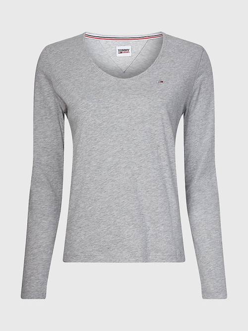 Tommy Hilfiger Essential V-Neck Long Sleeve Póló Női Szürke | TH194IZL