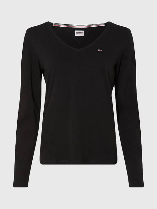 Tommy Hilfiger Essential V-Neck Long Sleeve Póló Női Fekete | TH769HZD