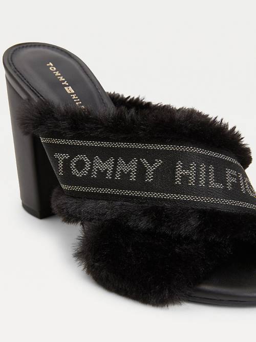 Tommy Hilfiger Faux Fur Logo Tape Szandál Női Fekete | TH250SVD