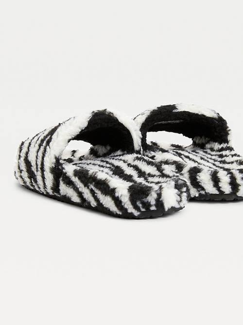 Tommy Hilfiger Faux Fur Zebra Slides Szandál Női Fekete | TH463ABN