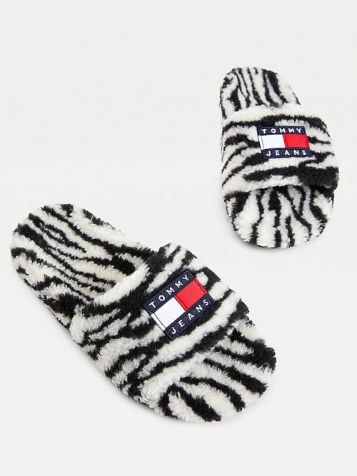 Tommy Hilfiger Faux Fur Zebra Slides Szandál Női Fekete | TH463ABN