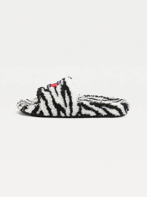 Tommy Hilfiger Faux Fur Zebra Slides Szandál Női Fekete | TH463ABN