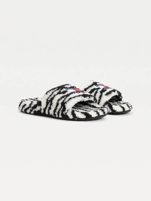 Tommy Hilfiger Faux Fur Zebra Slides Szandál Női Fekete | TH463ABN