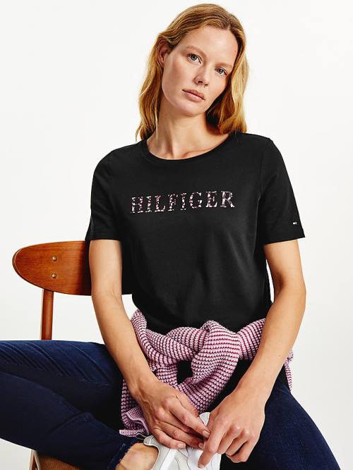 Tommy Hilfiger Feather Print Logo Póló Női Fekete | TH068MTA