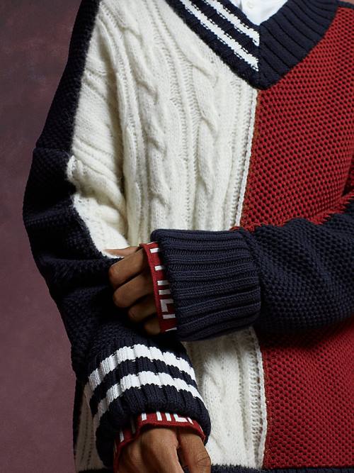 Tommy Hilfiger Flag Icon Knitted Cricket Jumper Pulóverek Férfi Kék | TH246OYQ