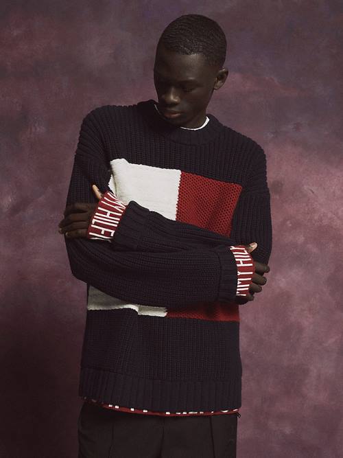 Tommy Hilfiger Flag Icon Mixed Knit Jumper Pulóverek Férfi Kék | TH032GQI