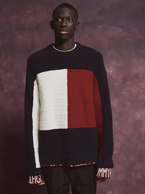 Tommy Hilfiger Flag Icon Mixed Knit Jumper Pulóverek Férfi Kék | TH032GQI