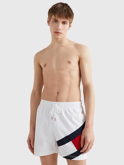 Tommy Hilfiger Flag Mid Length Drawstring Shorts Fürdőruha Férfi Fehér | TH261KIB