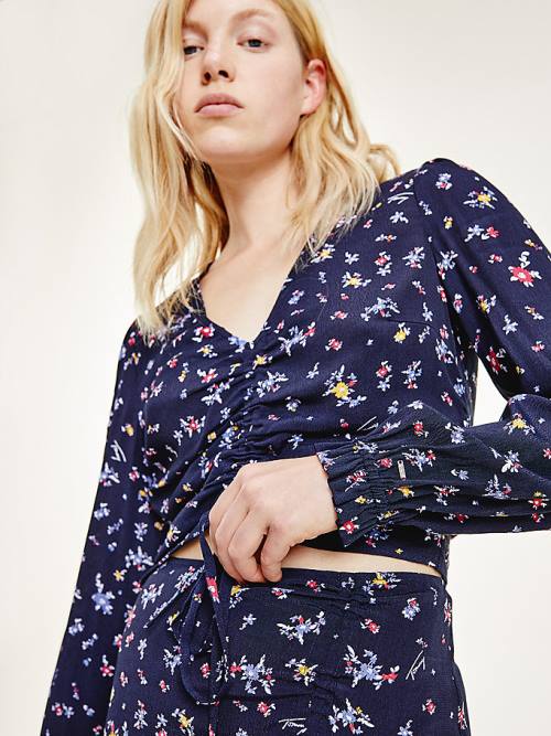 Tommy Hilfiger Floral Print Ruched Viscose Blúz Női Fekete | TH054GRM