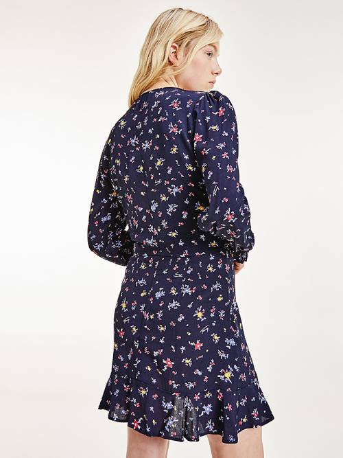 Tommy Hilfiger Floral Print Ruched Viscose Blúz Női Fekete | TH054GRM