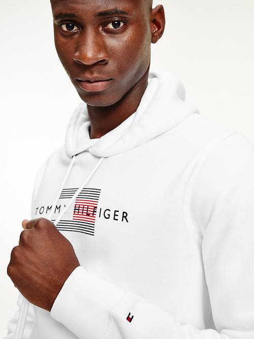 Tommy Hilfiger Front Logo Organic Pamut Fleece Kapucnis Pulóver Férfi Fehér | TH639EPA