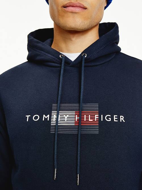 Tommy Hilfiger Front Logo Organic Pamut Fleece Kapucnis Pulóver Férfi Kék | TH642SJF