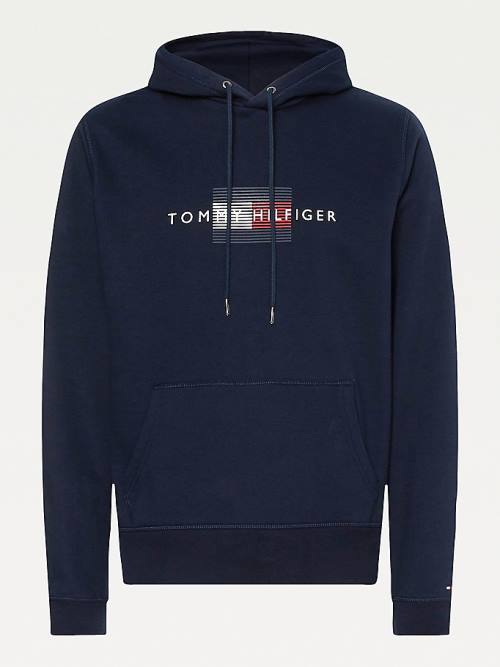 Tommy Hilfiger Front Logo Organic Pamut Fleece Kapucnis Pulóver Férfi Kék | TH642SJF