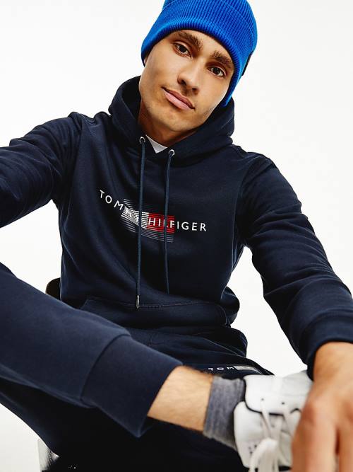 Tommy Hilfiger Front Logo Organic Pamut Fleece Kapucnis Pulóver Férfi Kék | TH642SJF